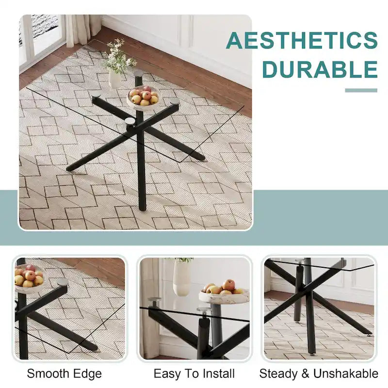 Rectangular Glass Dining Table with Black Metal Legs - 6-8 Person