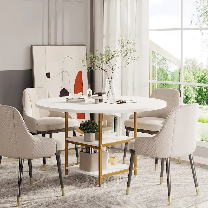 White Round Dining Table with Gold Legs - Seats 4