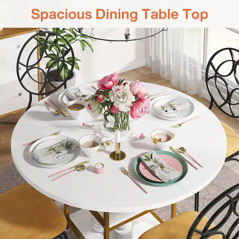 White Round Dining Table with Gold Legs - Seats 4